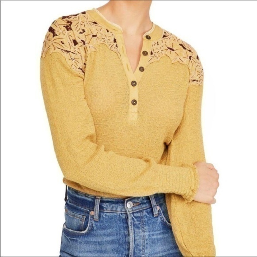Free People mustard Yellow long sleeve Top with lace